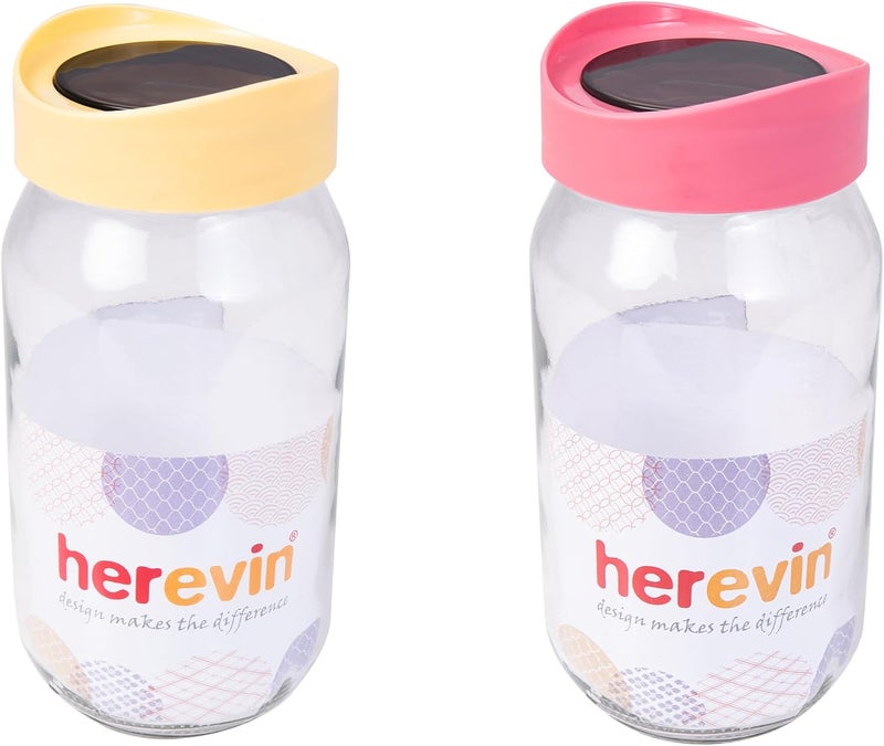 HEREVIN وعاء زجاجي سعة 4 لترات مع غطاء شفاف وغطاء ملون متنوع